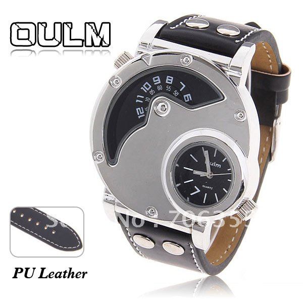 EMS// Oulm Brand Best Men's Quartz Military Wrist Watch Clip Design Genuine Leather Band (Oulm 9591) 15pcs(China (Mainland))