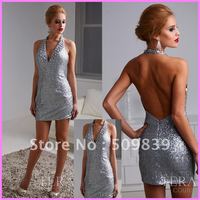 Free Shipping Sexy Sheath V-Neck Halter Sequined Skirt with Crystal Backless Mini Silver Homecoming Party Dress Evening Gown