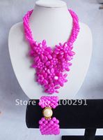 Free ship!!! WIRED hot pink jade flower NECKLACE bracelet earring set