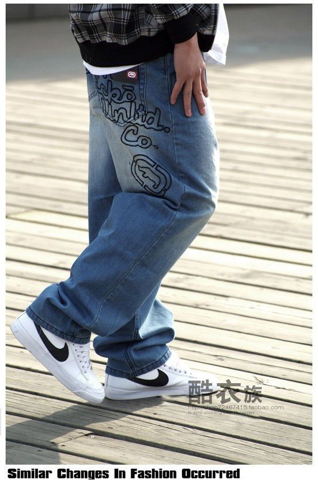 Loose embroidery wide leg pants denim jeans for men 2012, Skateboard/hip hop jeans man fat, Blue 30-42, free shipping(China (Mainland))