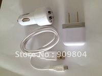 3in1 US Plug AC Wall & Dual USB Car charger & Micro USB Data Cable for mobile phones(White)