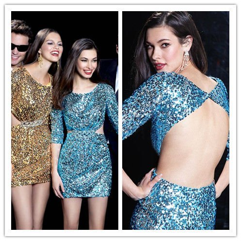 Long Prom Dress on Long Sleeves Open Back Blue Sequins Party Dress Prom Dresses Ade 102