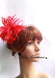 Red Russian Style Cage Veil Feather Hair Fascinator Hair Father Pearl Fascinator Band,Women Cocktail Party Hairband(China (Mainland))