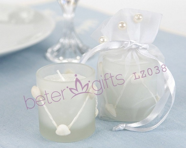 Coastal Elegance Frosted Glass Votive with Pearl Accented Organza Bag 