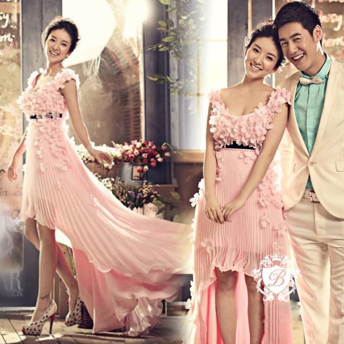 Pink Korean Korean short in front long bride wedding toast wedding tuxedo 2012 latest 7161(China (Mainland))