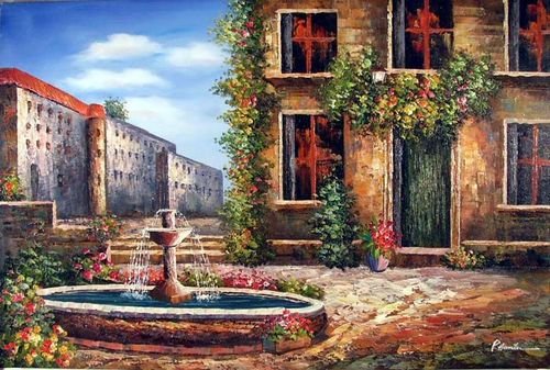 Tuscany Garden Courtyard Fountain Large Oil Painting(China (Mainland))