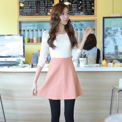 Pink Dress on Cute White Lace Tops Patchwork Pink Bottom Dress Long Sleeve N8006