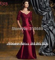 Beautiful Wine Scoop Neckline Shiny Satin Lace Long Evening Dresses With Sleeves
