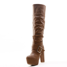 Kvoll PU all-match metal leather buckle on platform thick heel boots platform ultra high heels long boots for free shipping