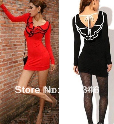  Chiffon Dress on Tight Clubwear Party V Neck Short Dress Ruffle Long Sleeve Red Black