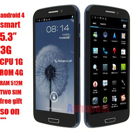 Unlocked MTK6577 9300+ Smartphone 5.3'' QHD Screen Dual SIM Android 4.0 3G GPS Smart Cellphone Support Russian 5.0MP 4GB Blue(China (Mainland))