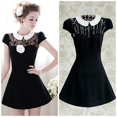 Black Dress Lace Sleeves on Free Shipping Black Lace Patchwork Short Sleeve White Peter Pan Collar