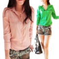 Candy Color Lady Chiffon Lapel Button Down Basic Polo T Shirts Long Sleeve S/M/L E0917