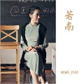 7 long-sleeve medium-long 100% cotton thickening flock printing long Qipao