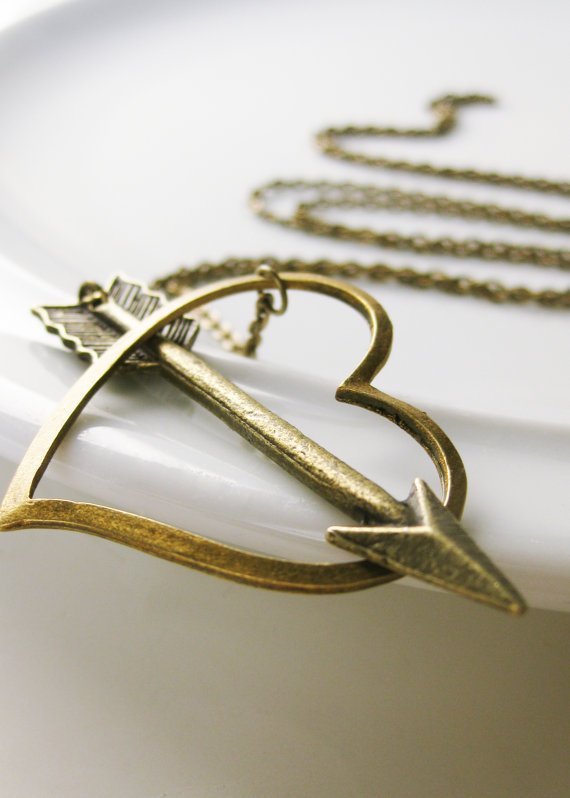 CUPID arrow antique brass lariat shot throught the heart necklace pendant NK010