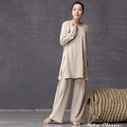 Free Shipping Stramonium Classical Yoga Suit Dress Suit Original Organic Cotton And Flax Knitting Khaki(China (Mainland))