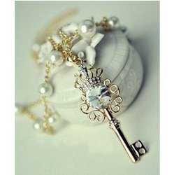 Min.order is $5 (mix order)Free Shipping,Jeweled crown key pearl necklace CZ Diamond sweater chain(N369)(China (Mainland))