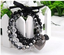 2013 New Arrival Fashion Black Bowknot Heart Pendant Elastic beads Multi layer Bracelet B56