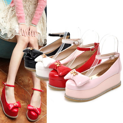 2012 spring and summer sweet bow japanned leather shallow mouth hasp slip resistant platform shoes