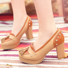 2012 casual elegant shallow mouth breathable PU color block decoration tassel thick high-heeled shoes plus size