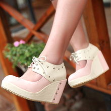 2012 spring and summer vintage color block decoration shallow mouth front strap platform wedges shoes plus size