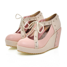 2012 spring and summer casual sheep PU color block decoration lacing platform wedges high-heeled shoes plus size