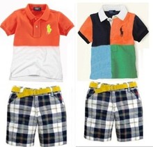 Free Shipping High Quality Baby boys POLO Gradient color T shirt plaid pants suit children top