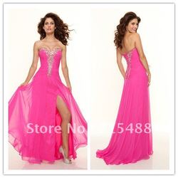2012 Top Selling Free Shipping Hot Pink Beading Sweetheart Chiffon Puffy Sexy Side Slit Prom Dreeses(China (Mainland))