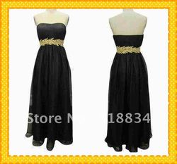 Custom Black Strapless Gold Sash Bead Crystal Reasonable Price Floor Length Chiffon Prom Party Evening Dress Dresses Gowns Gown(China (Mainland))