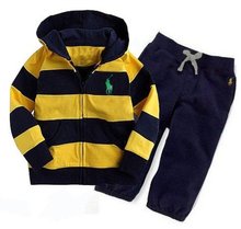 Free Shipping High quality Baby POLO Yellow and black striped shirt Casual pants suit children Top