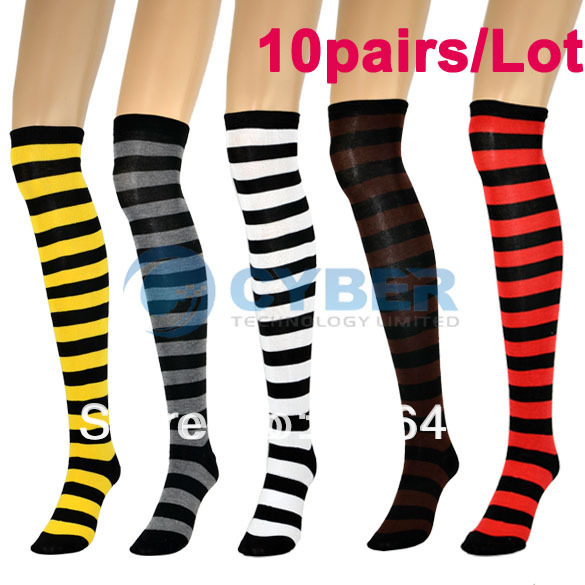 Free Shipping 10pairs/Lot Women Ladies High Knee Socks Cotton Stripes Dance Team School Sports Stocking 8148(China (Mainland))