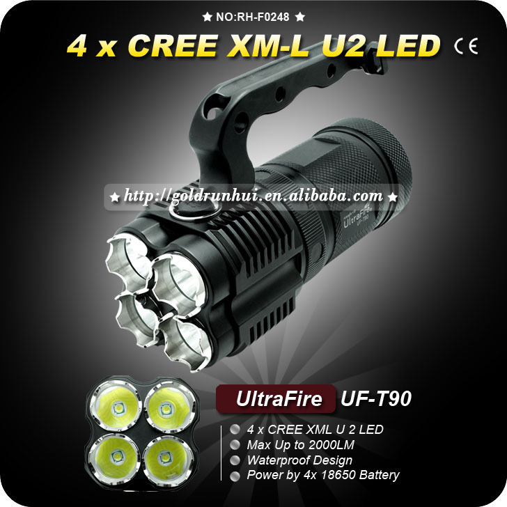 U2 LED Flashlight Power By 4x18650 Battery Hiking Camping Torch+Handle
