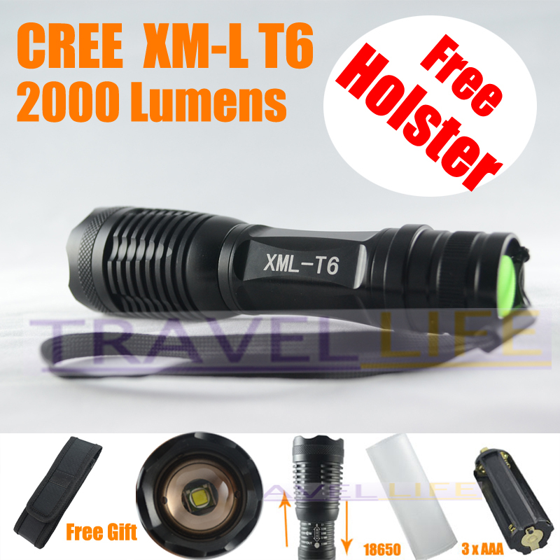 12W 1800 Lm Zoomable CREE XM-L T6 Adjustable Focus LED Flashlight Torch free shipping