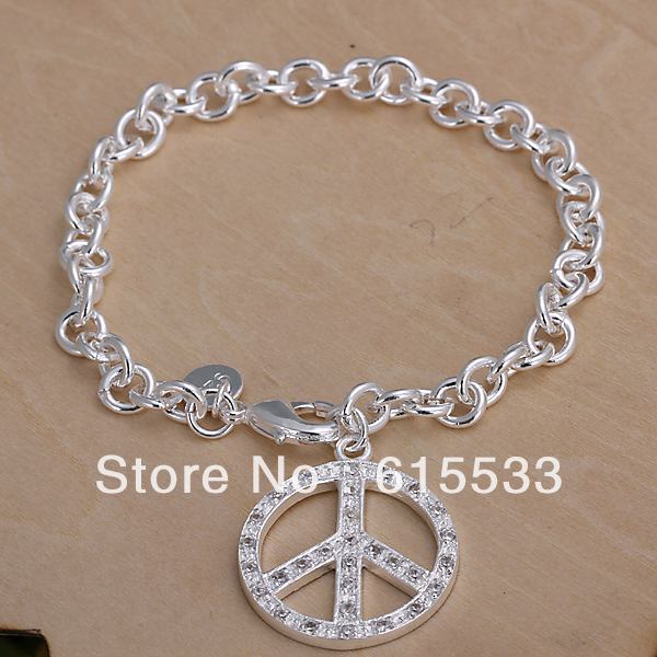Fashion 925 Silver Inlaid stone peace sign bracelet 19CM * 0.5CM Christmas gift(China (Mainland))
