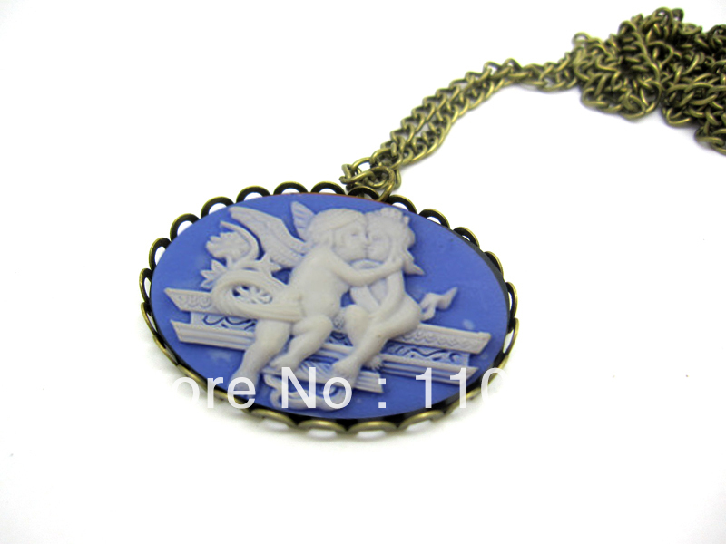 Cupid angel love couple cameo necklace navy blue NW663