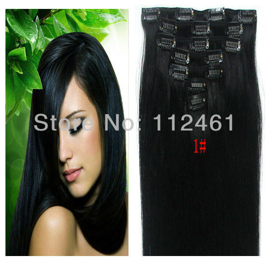 Free shipping Promotion #1B Natural Black 70g Brazilian Clip 7pcs Virgin Hair Extension 1set(China (Mainland))
