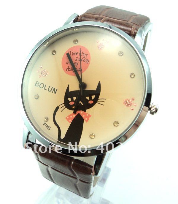 Christmas Gift Holiday sale Promotion Brown Leather Sports Watch women students children cate watch W2507 Min order=15usd(China (Mainland))