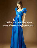 Fashion Elegant A Line Full Length Beaded Satin Blue Most Beautiful Prom Dress SI293 Short Sleeve