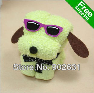 New Arrival~Free Shipping 20pcs/lot Many Colors Novelty Cotton Towel Cartoon toys sunglass dog towel christmas kids gift(China (Mainland))