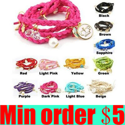 (Min order $5,can mix) Multilayer Braid Bracelets Candy Wristbands Leather Bracelets Knit Charm Bracelets Free Shipping(China (Mainland))
