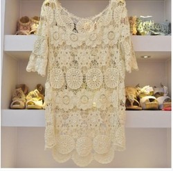 FREE SHIPPING KOREAN FASHION CROCHET LACE WOMEN KNIT TOPS OUTERWEAR SHIRT SIZE M(China (Mainland))