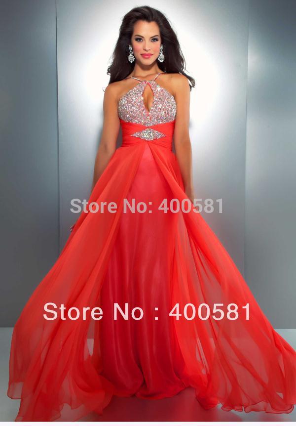 ... Floor-length Hot Coral Blue Beaded Sequins Chiffon Indian Prom Dresses