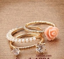 (Min order $10, mix) Free shipping!! Delicate flowers three – piece pearl flower ring