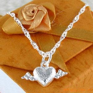  No Minimum Order 10PCS Lot Free Shipping JA344 Cupid Heart Wing Plated Silver 925 Necklace