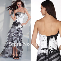 2013 Fashion Black/Red Strapless Short Front Long Back Prom Dresses Evening Dresses With Flowers Women Party Tull WY-45