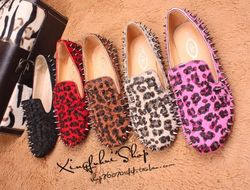 2012 Fashionm Women's Spike Studded Rivets Leopard Real Horse Hair Loafers Flat Shoes Red Black Brown Free Shipping Christmas(China (Mainland))