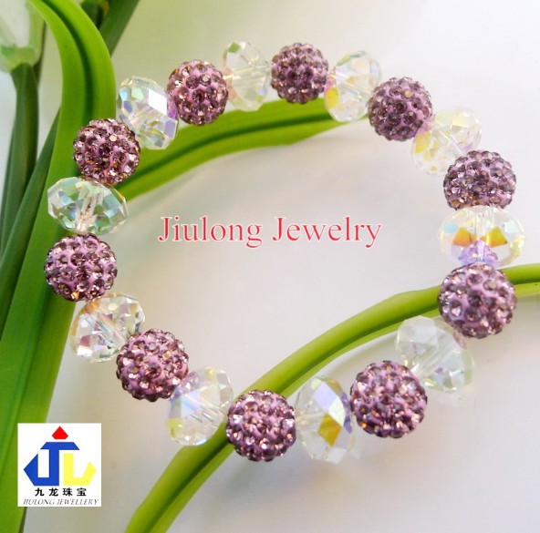 Free shipping.Wholesale shining pave round diy light purple & clear clay crystal glass beads shamballa stretch bracelet.CSB004(China (Mainland))