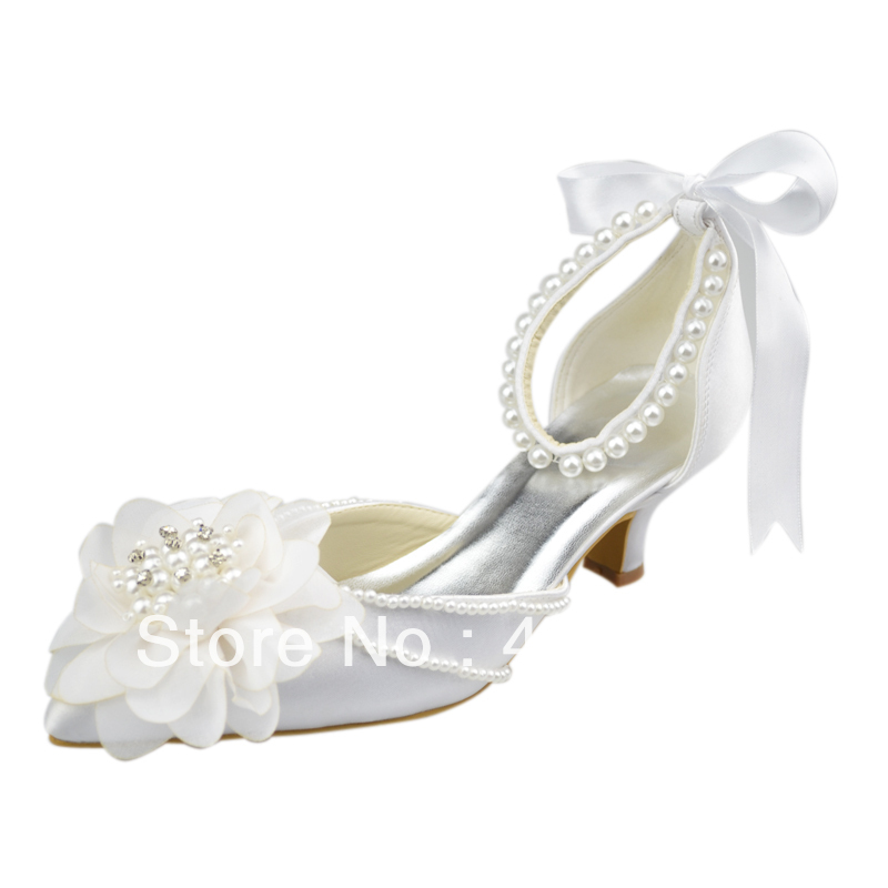Toe Flower Stiletto Heel Satin Wedding Bridal Shoes Pearl Lace Up ...