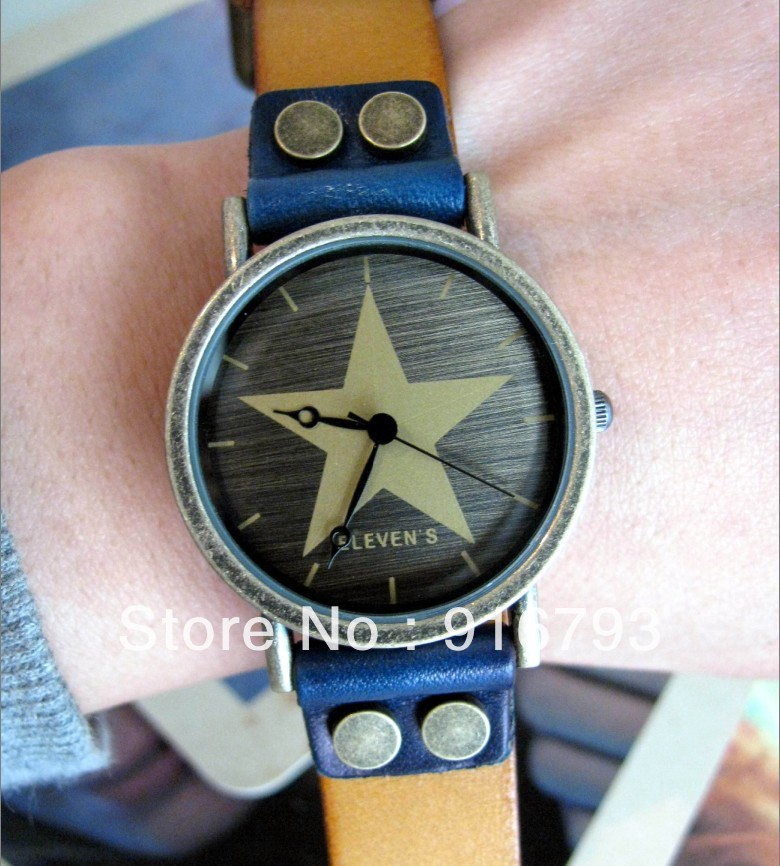2013 Hot Vintage casual personalized handmade cowhide personality five star style quartz watch(China (Mainland))