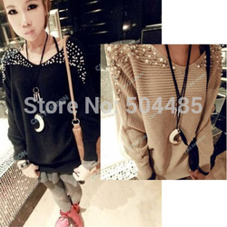[J424] 2012 autumn new arrival knitted pullover batwing shirt pearl beading long-sleeve o-neck sweater female(China (Mainland))
